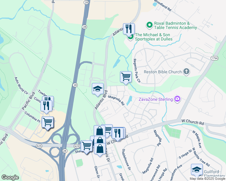 map of restaurants, bars, coffee shops, grocery stores, and more near 21852 Locomotive Terrace in Sterling