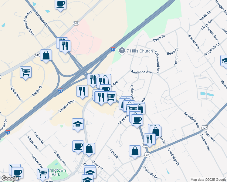 map of restaurants, bars, coffee shops, grocery stores, and more near 6713 Curtis Way in Florence