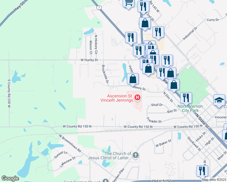 map of restaurants, bars, coffee shops, grocery stores, and more near 701 Henry Street in North Vernon