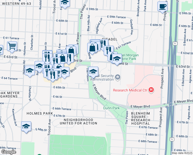 map of restaurants, bars, coffee shops, grocery stores, and more near 6401 The Paseo in Kansas City