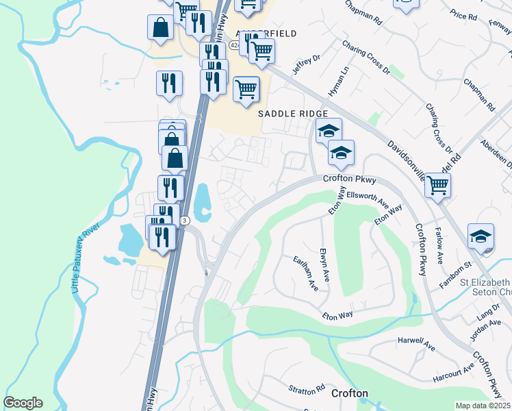 map of restaurants, bars, coffee shops, grocery stores, and more near 1505 Carlyle Drive in Crofton