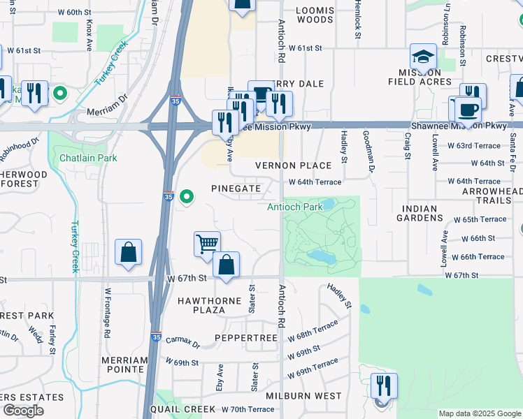 map of restaurants, bars, coffee shops, grocery stores, and more near 8715 West 65th Street in Mission