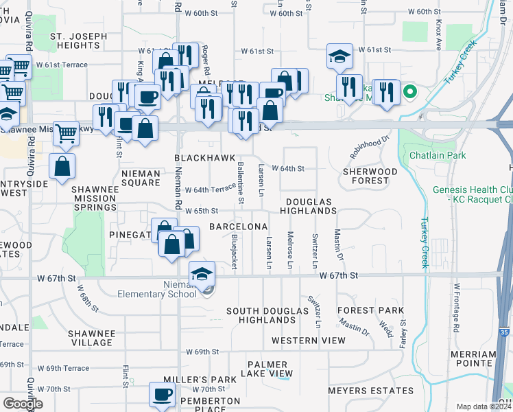 map of restaurants, bars, coffee shops, grocery stores, and more near 10700 West 65th Street in Shawnee