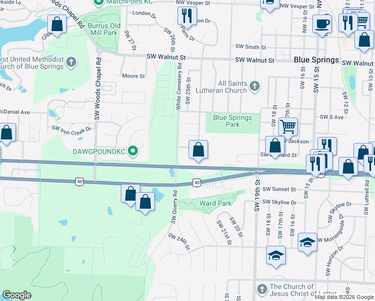 map of restaurants, bars, coffee shops, grocery stores, and more near 2309 U.S. 40 in Blue Springs
