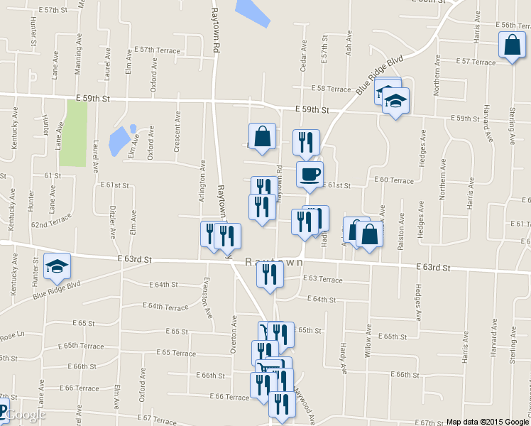 map of restaurants, bars, coffee shops, grocery stores, and more near 6140 Raytown Road in Raytown