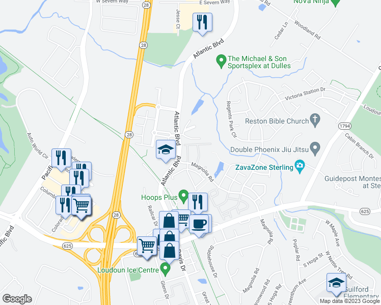 map of restaurants, bars, coffee shops, grocery stores, and more near 21852 Locomotive Terrace in Sterling
