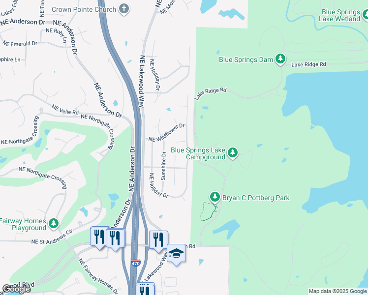 map of restaurants, bars, coffee shops, grocery stores, and more near 5417 Northeast Rainbow Court in Lee's Summit
