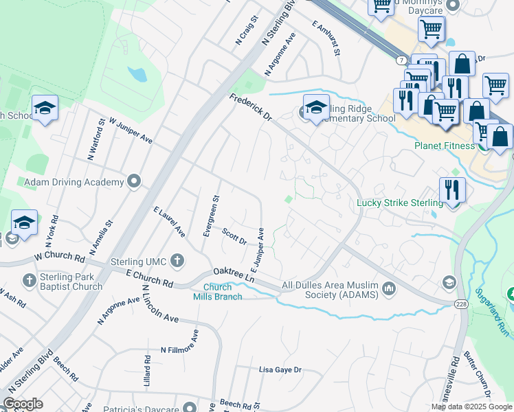 map of restaurants, bars, coffee shops, grocery stores, and more near 229 East Juniper Avenue in Sterling