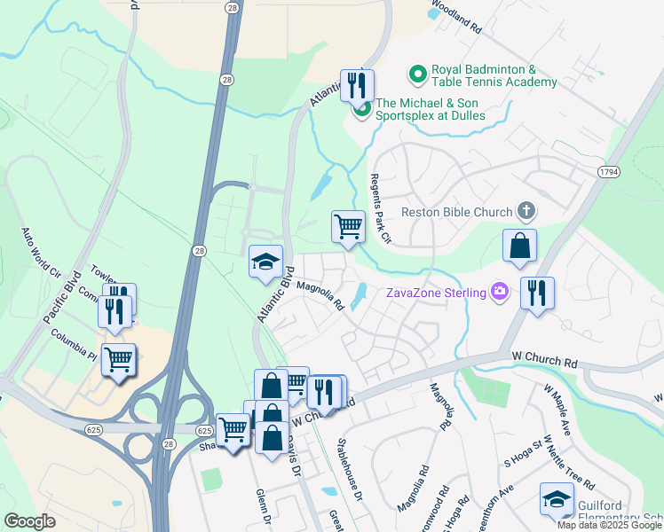 map of restaurants, bars, coffee shops, grocery stores, and more near 45476 Whistling Terrace in Sterling