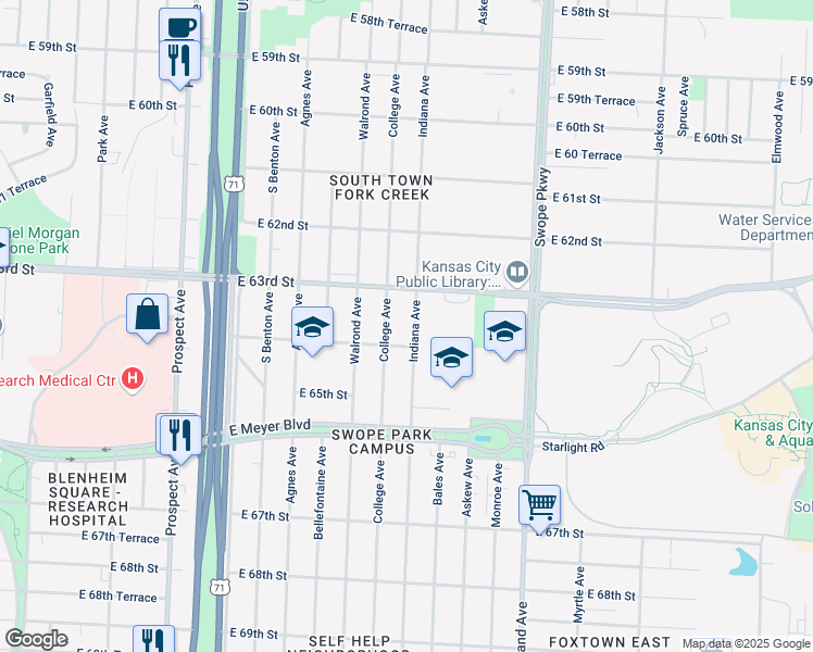 map of restaurants, bars, coffee shops, grocery stores, and more near 6341 College Avenue in Kansas City