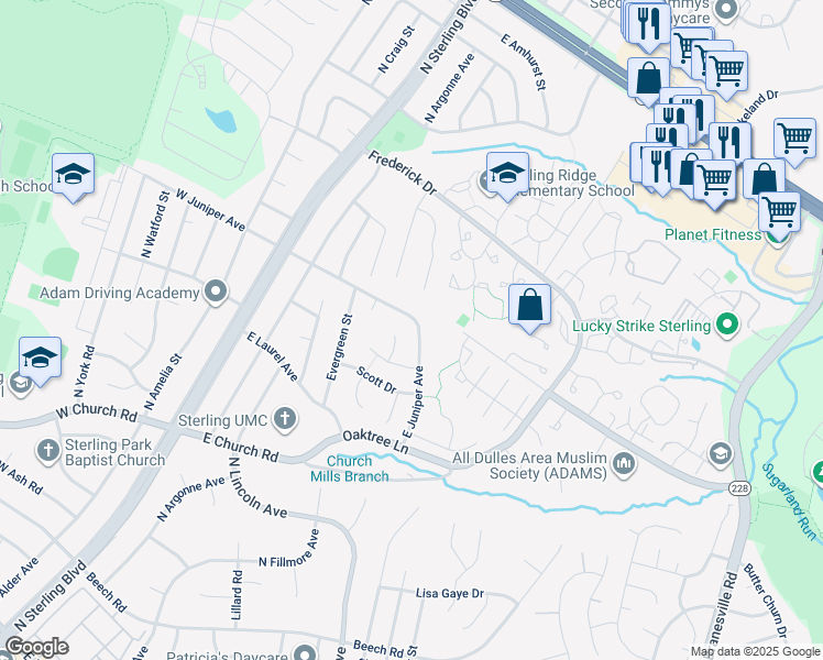 map of restaurants, bars, coffee shops, grocery stores, and more near 229 East Juniper Avenue in Sterling