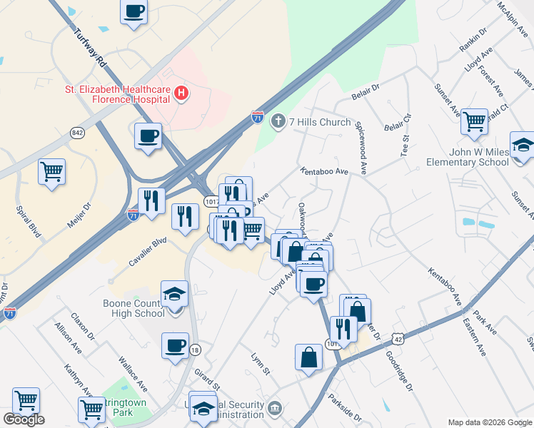 map of restaurants, bars, coffee shops, grocery stores, and more near 6770 Curtis Way in Florence