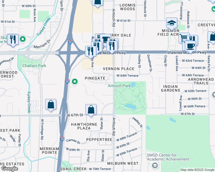 map of restaurants, bars, coffee shops, grocery stores, and more near 8718 West 66th Street in Mission