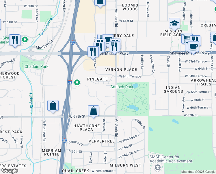 map of restaurants, bars, coffee shops, grocery stores, and more near 8718 West 66th Street in Mission