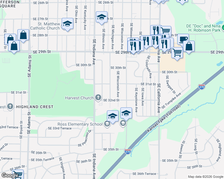 map of restaurants, bars, coffee shops, grocery stores, and more near 3125 Southeast Wisconsin Avenue in Topeka