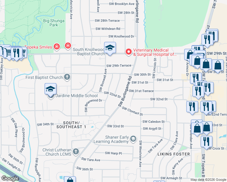 map of restaurants, bars, coffee shops, grocery stores, and more near 1715-1759 Southwest 32nd Street in Topeka