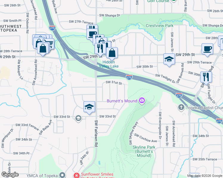 map of restaurants, bars, coffee shops, grocery stores, and more near 3125 Southwest Grand Court in Topeka