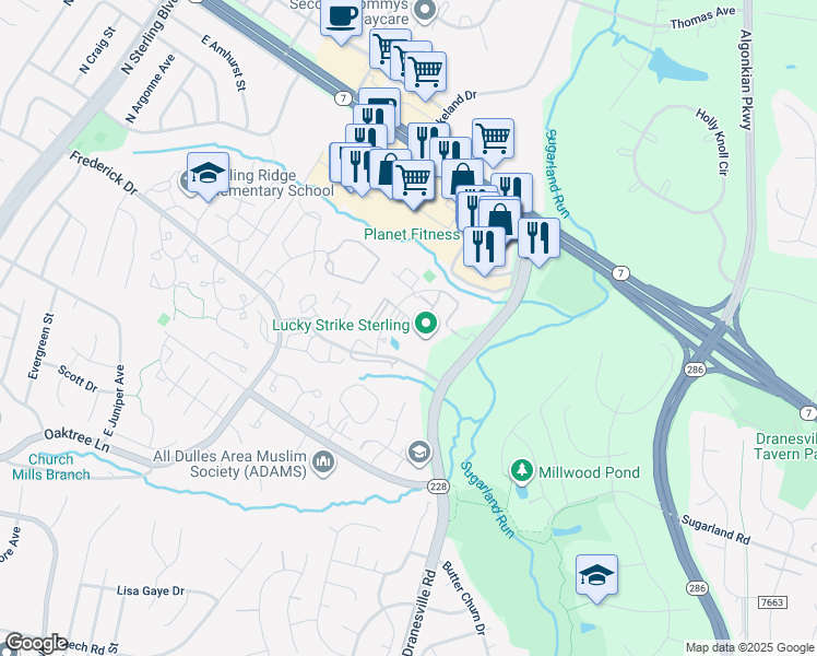 map of restaurants, bars, coffee shops, grocery stores, and more near 46958 Courtyard Square in Sterling