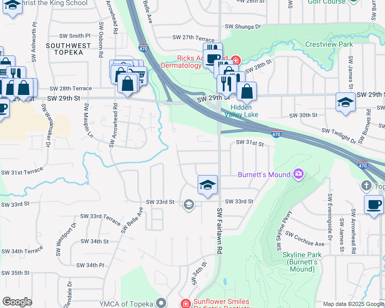 map of restaurants, bars, coffee shops, grocery stores, and more near 5307 Southwest 31st Street in Topeka