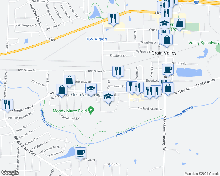 map of restaurants, bars, coffee shops, grocery stores, and more near 103 Oak Street in Grain Valley