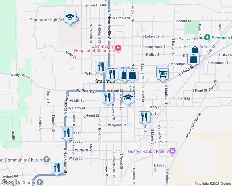 map of restaurants, bars, coffee shops, grocery stores, and more near 320 West Pearl Street in Staunton