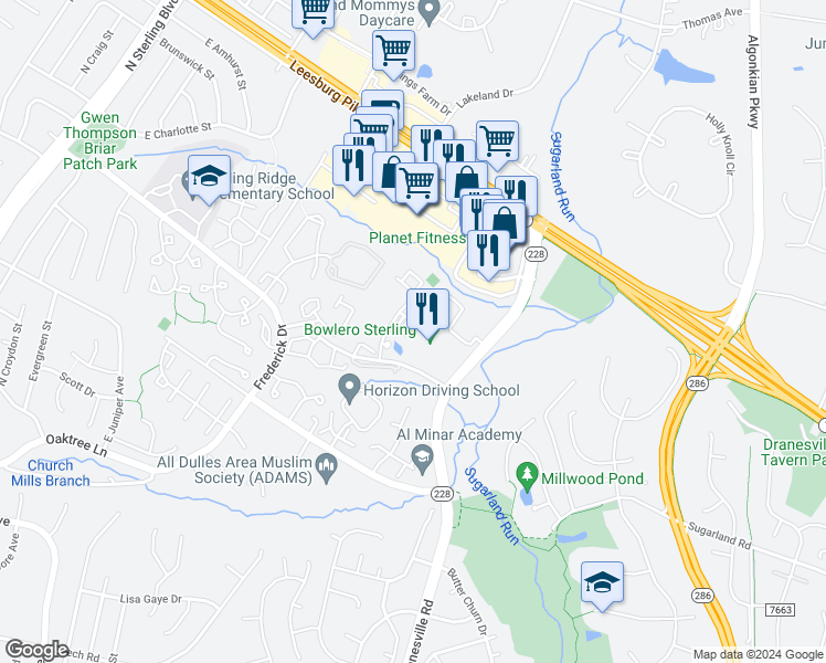 map of restaurants, bars, coffee shops, grocery stores, and more near 46956 Courtyard Square in Sterling