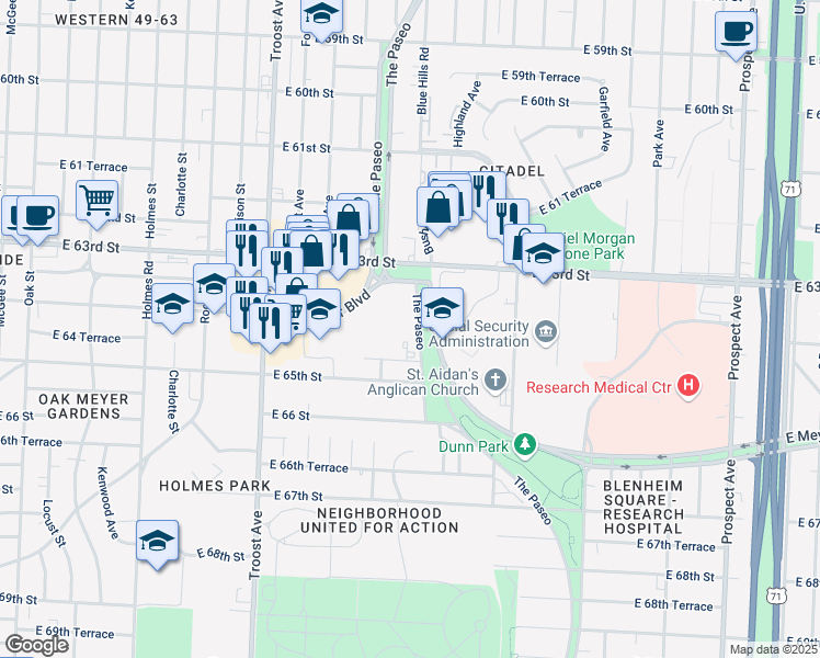 map of restaurants, bars, coffee shops, grocery stores, and more near 6404 Paseo Boulevard in Kansas City