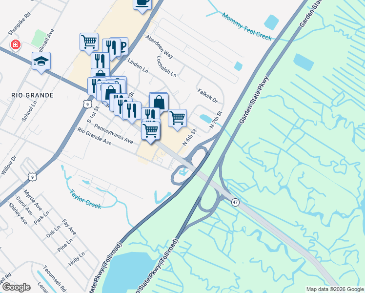 map of restaurants, bars, coffee shops, grocery stores, and more near 202 North 6th Street in Cape May County