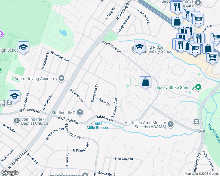 map of restaurants, bars, coffee shops, grocery stores, and more near 106 Dove Tree Court in Sterling