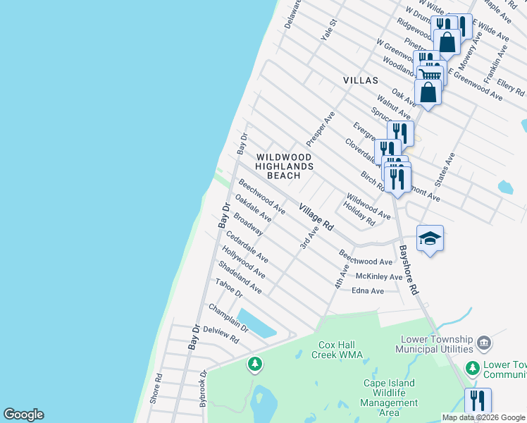 map of restaurants, bars, coffee shops, grocery stores, and more near 305 Oakdale Avenue in Villas