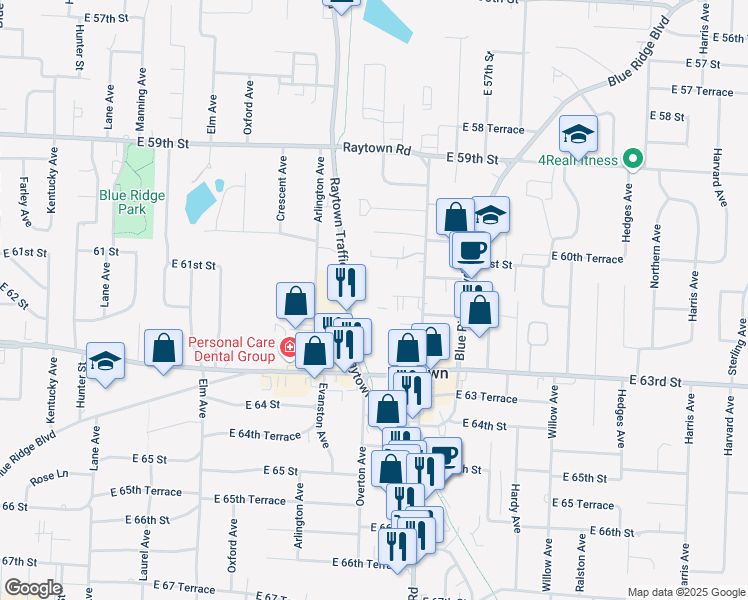 map of restaurants, bars, coffee shops, grocery stores, and more near 9809 East 61st Street in Raytown
