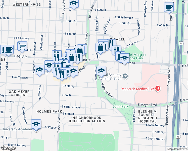 map of restaurants, bars, coffee shops, grocery stores, and more near 6404 Paseo Boulevard in Kansas City