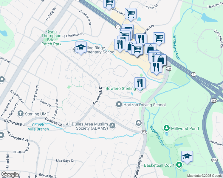 map of restaurants, bars, coffee shops, grocery stores, and more near 46871 Rabbitrun Terrace in Sterling