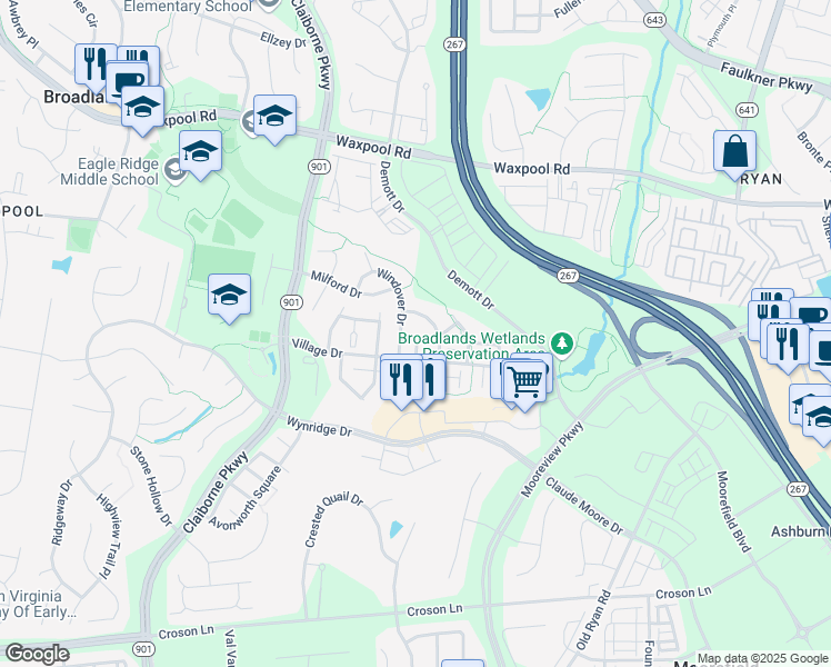 map of restaurants, bars, coffee shops, grocery stores, and more near 43186 Arbor Greene Way in Broadlands