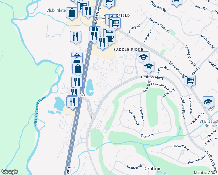 map of restaurants, bars, coffee shops, grocery stores, and more near 1509 Carlyle Drive in Crofton