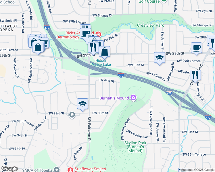 map of restaurants, bars, coffee shops, grocery stores, and more near 3120 Southwest Crest Drive in Topeka