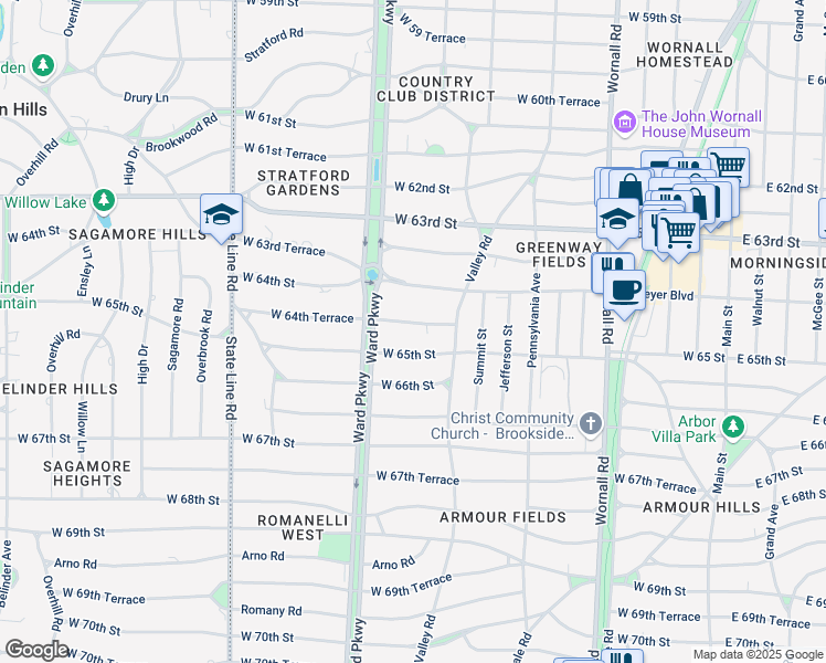 map of restaurants, bars, coffee shops, grocery stores, and more near 830 West 65th Street in Kansas City