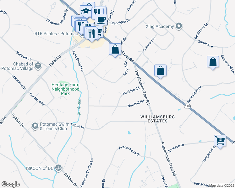 map of restaurants, bars, coffee shops, grocery stores, and more near 9907 Meriden Road in Potomac