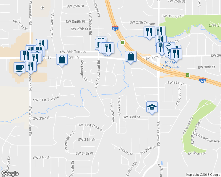 map of restaurants, bars, coffee shops, grocery stores, and more near 5716 Southwest 31st Terrace in Topeka