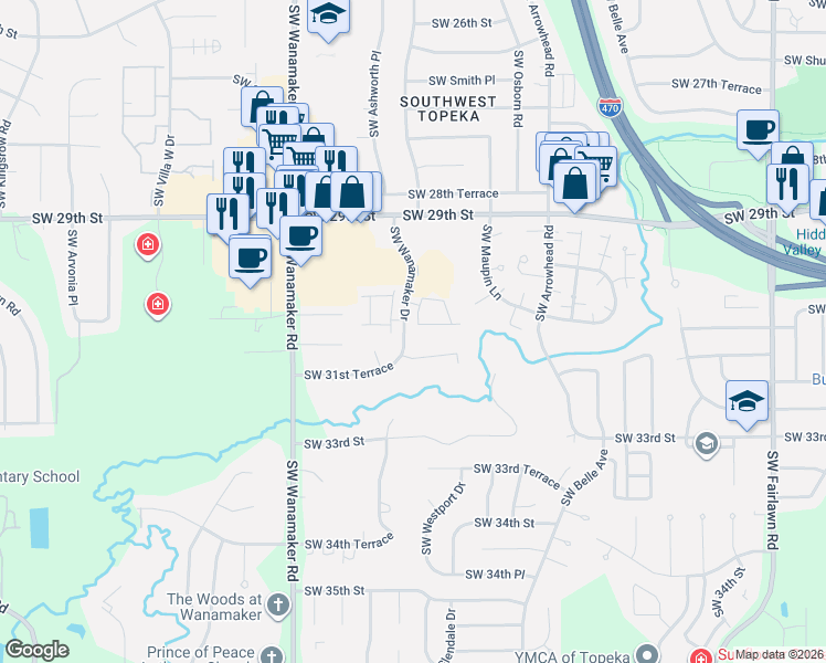 map of restaurants, bars, coffee shops, grocery stores, and more near 5828 SW Turnberry Ct in Topeka