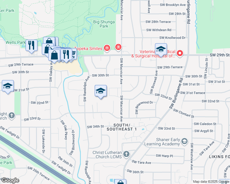 map of restaurants, bars, coffee shops, grocery stores, and more near 3201 Southwest Macvicar Court in Topeka