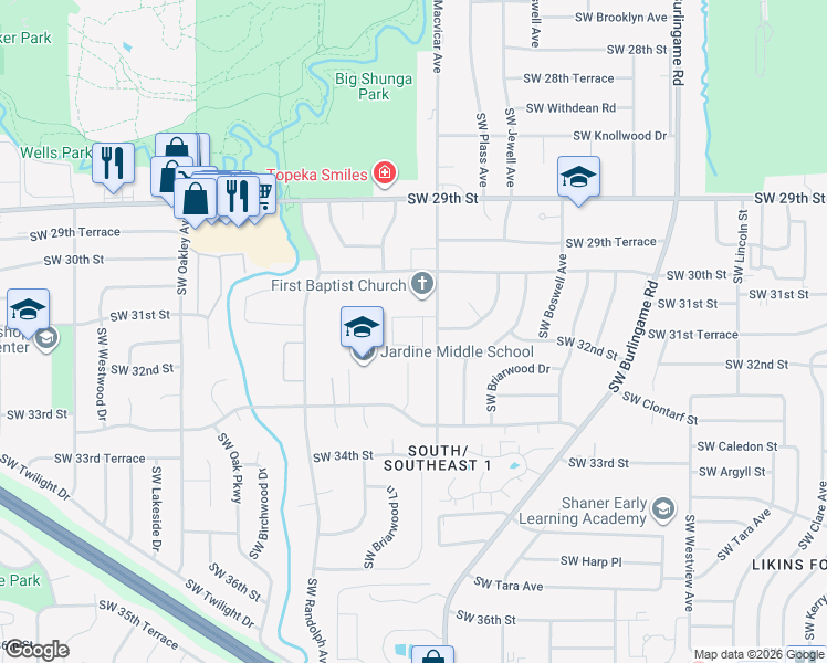 map of restaurants, bars, coffee shops, grocery stores, and more near 2324 Southwest Briarwood Plaza in Topeka