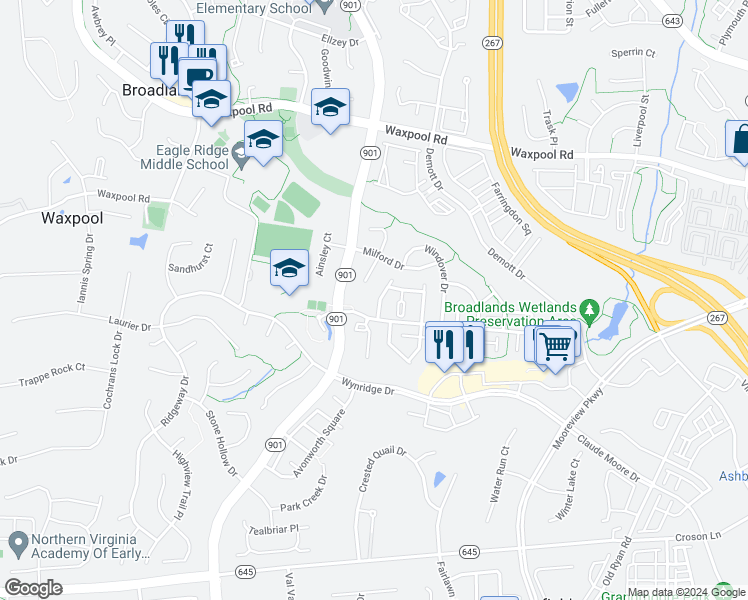 map of restaurants, bars, coffee shops, grocery stores, and more near 21887 Hawksbury Terrace in Ashburn