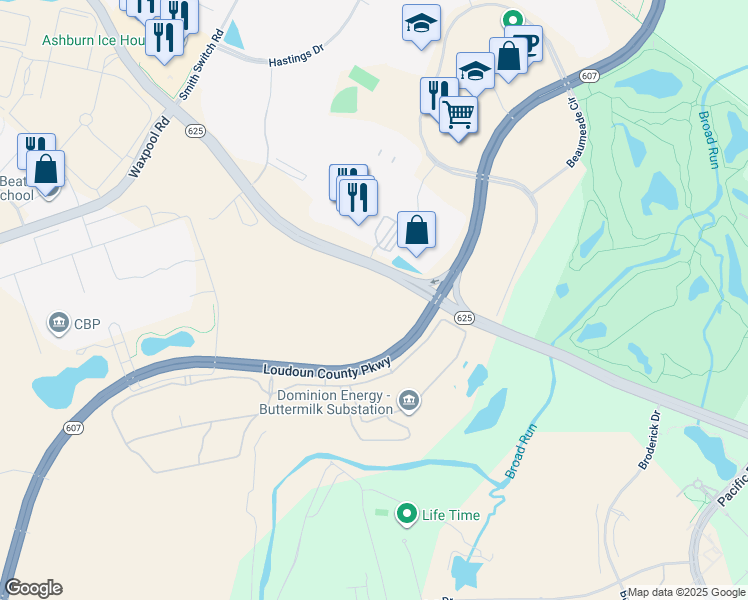 map of restaurants, bars, coffee shops, grocery stores, and more near 44631 Waxpool Road in Ashburn