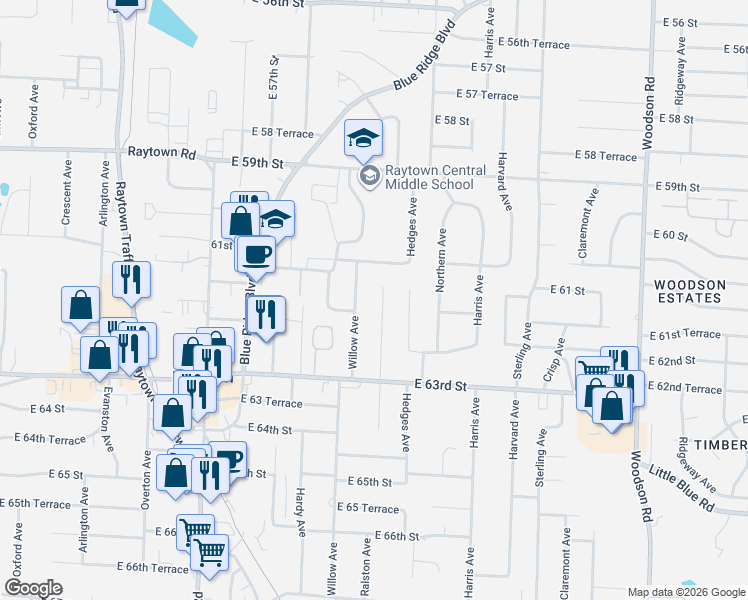 map of restaurants, bars, coffee shops, grocery stores, and more near 6125 Willow Avenue in Raytown
