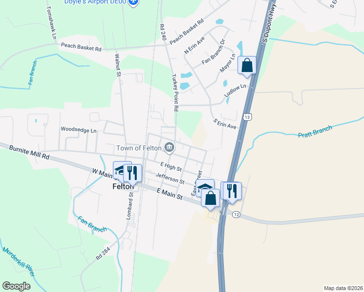 map of restaurants, bars, coffee shops, grocery stores, and more near 106 East Sewell Street in Felton
