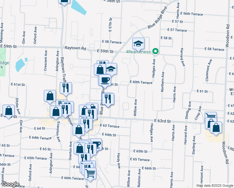 map of restaurants, bars, coffee shops, grocery stores, and more near 6132 Ash Court in Raytown
