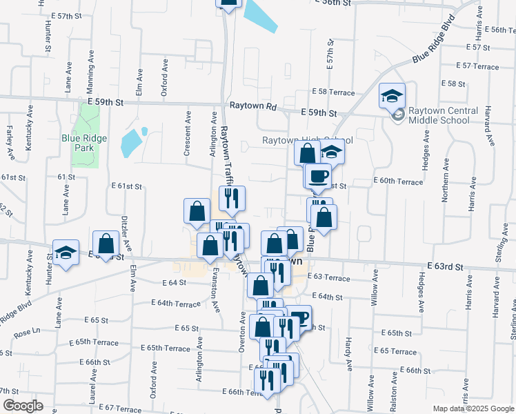 map of restaurants, bars, coffee shops, grocery stores, and more near 9801 East 61st Street in Raytown