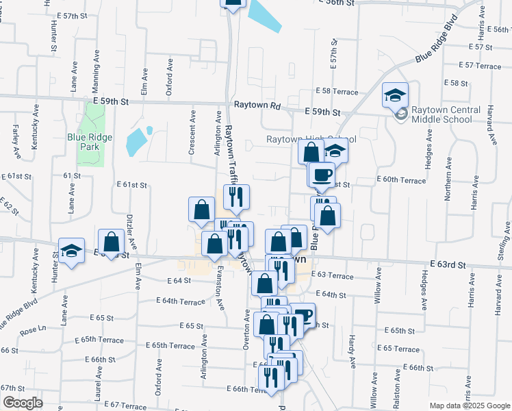 map of restaurants, bars, coffee shops, grocery stores, and more near 9801 East 61st Street in Raytown
