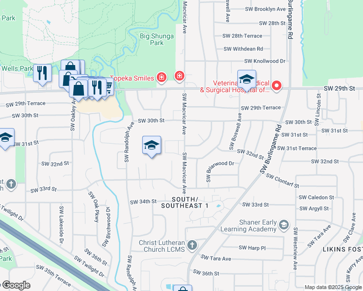 map of restaurants, bars, coffee shops, grocery stores, and more near 2220 Southwest 32nd Street in Topeka